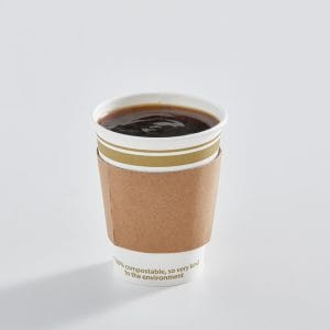 12 oz PLA-Lined Gold Rim Paper Cup with Sleeve, Retail, Compostable Cups, Recyclable Sleeves