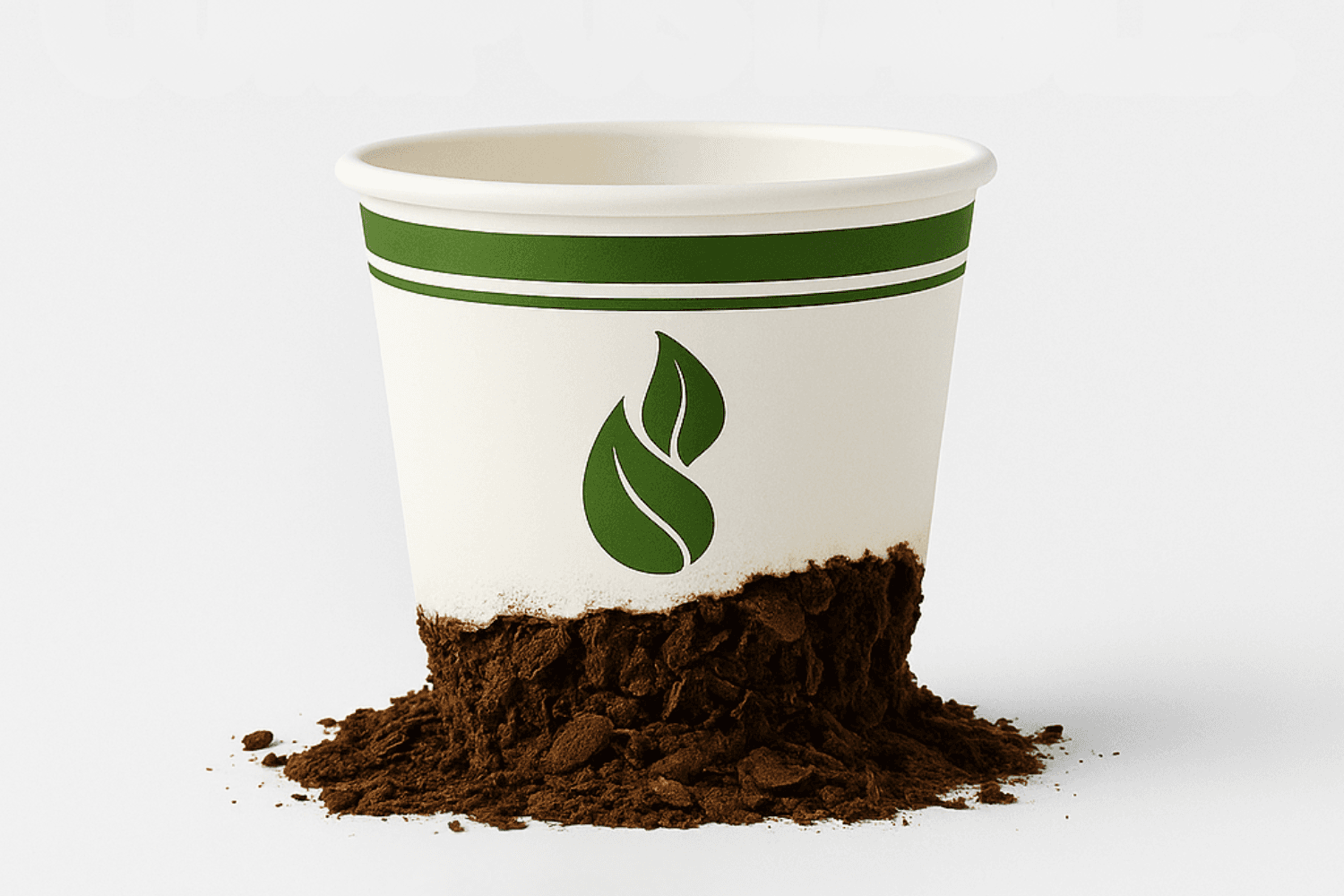 An eco guardian cup decomposing into the soil.